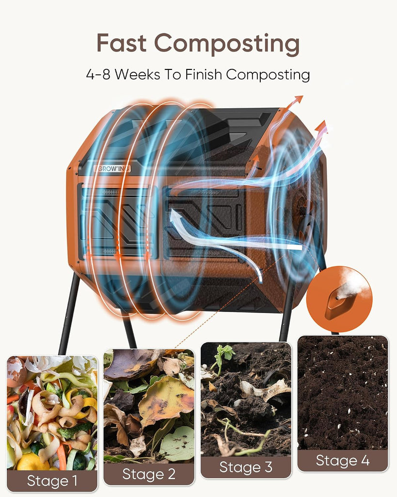 THE Growing 43 Gal Outdoor Compost Bin Tumbler for Backyard Yard, Orange | Twin 21.5gal chambers hold recycling.