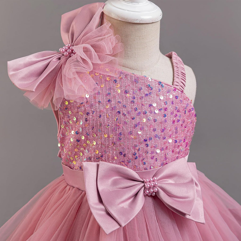 Toddler Baby Girls Pageant Dress Shiny Bow Asymmetric Shoulder Formal Birthday Party Tiered Tulle Gowns 1