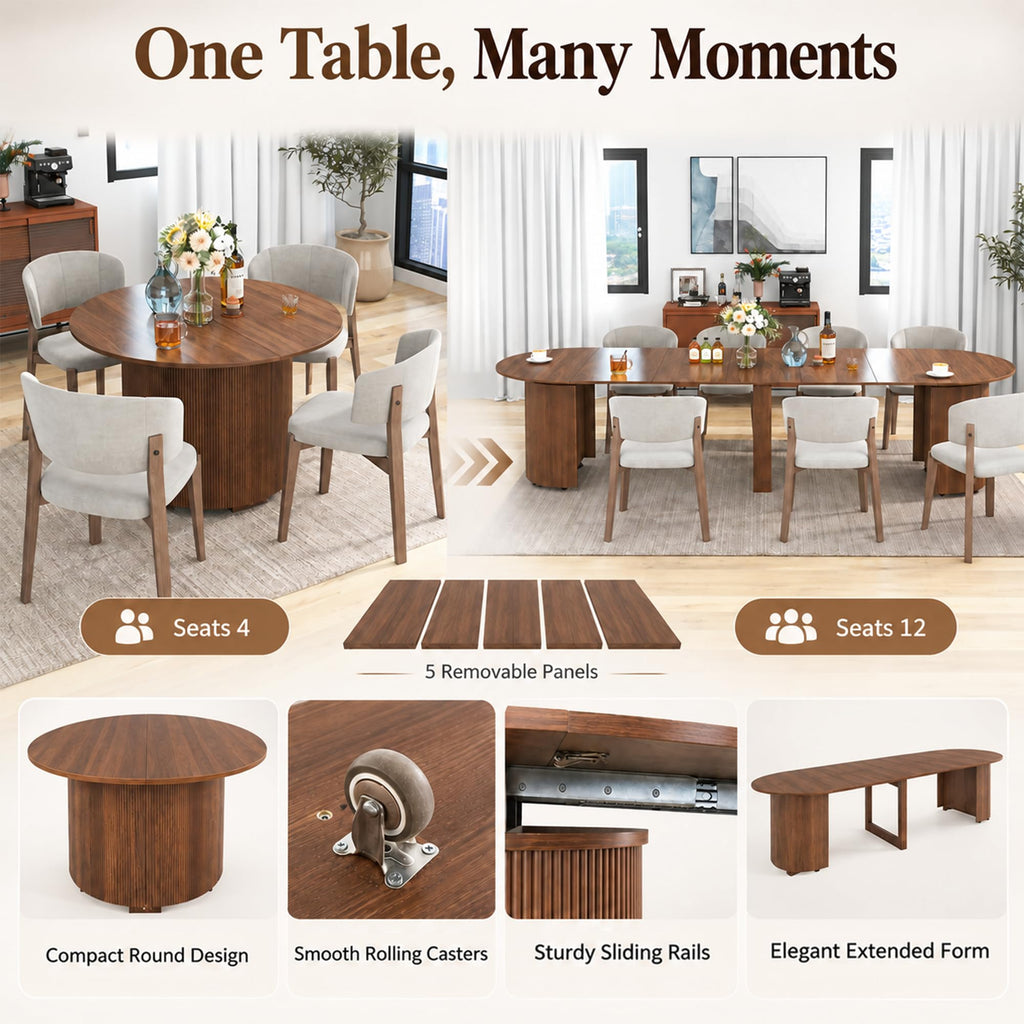 44"-132" Extendable Dining Table for 4-12, Expandable Oval Dining Room Table with Reinforced Bottom Support Base and