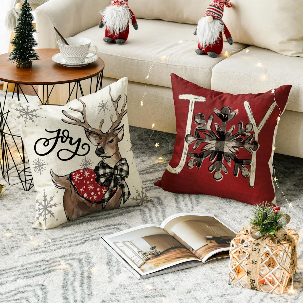 Joy Christmas Let It Snow Snowman Reindeer Throw Pillow Covers, 18 x 18 Inch Xmas Snowflake Winter Holiday Cushion - Set of 4