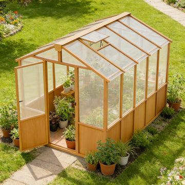 6x10ft Cedar Wood Greenhouse with Roof Vents, Outdoor Greenhouse Kit, Weather Resistant Plant Garden House, Natural