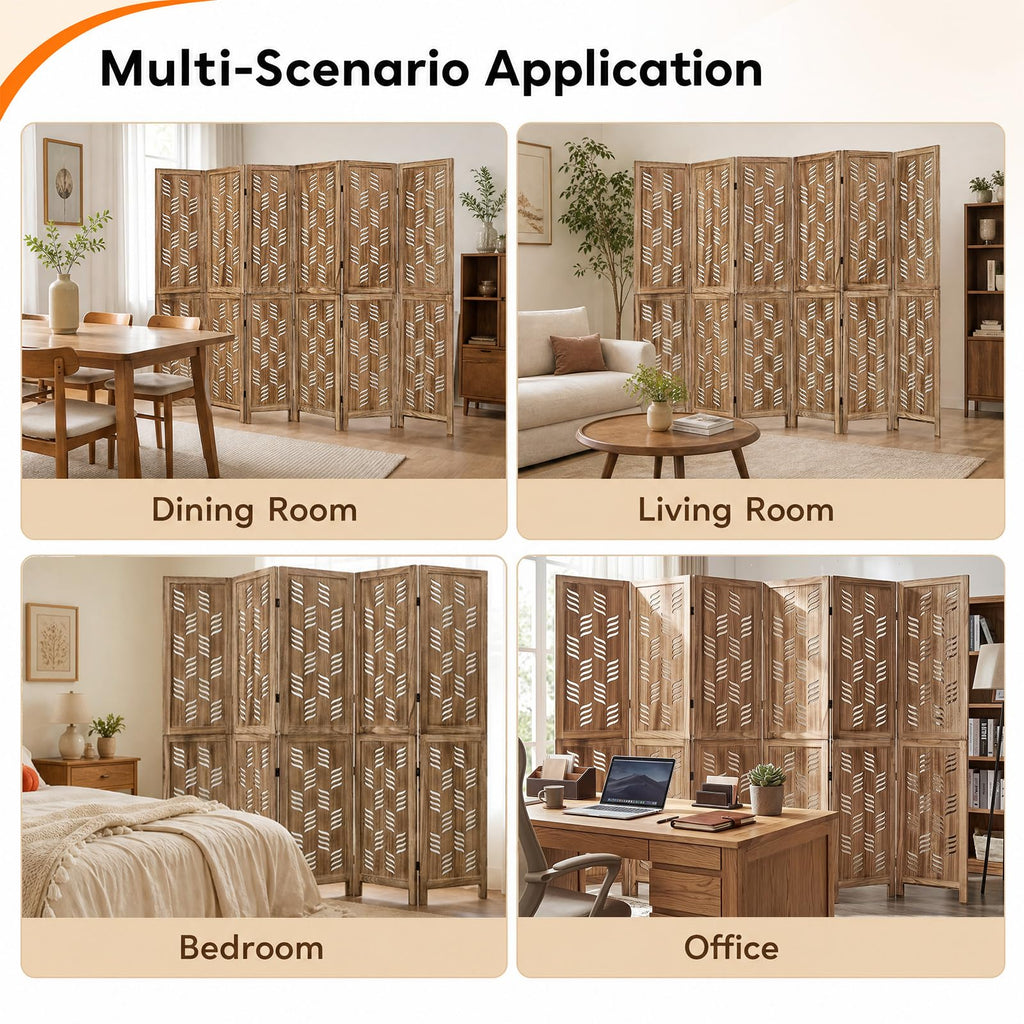 6 Panel Folding Room Divider, Wood Privacy Screen with Wave Cutout