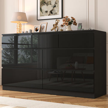 55 INCH 7 Drawers with Power Outlet, Wide High Gloss Chest of Drawers Large, Modern Storage Drawer, Black