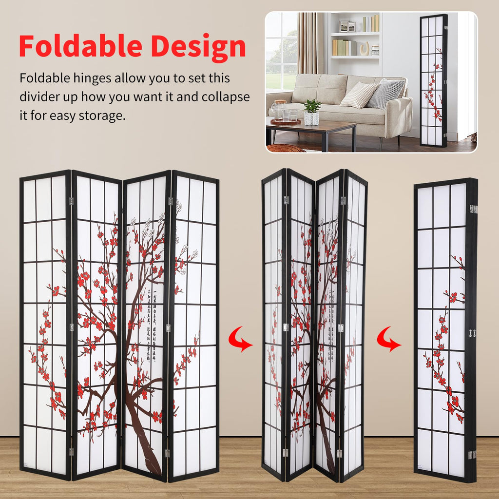 Japanese Room Divider Panel, 6ft Folding Privacy Divider, 4 Panels