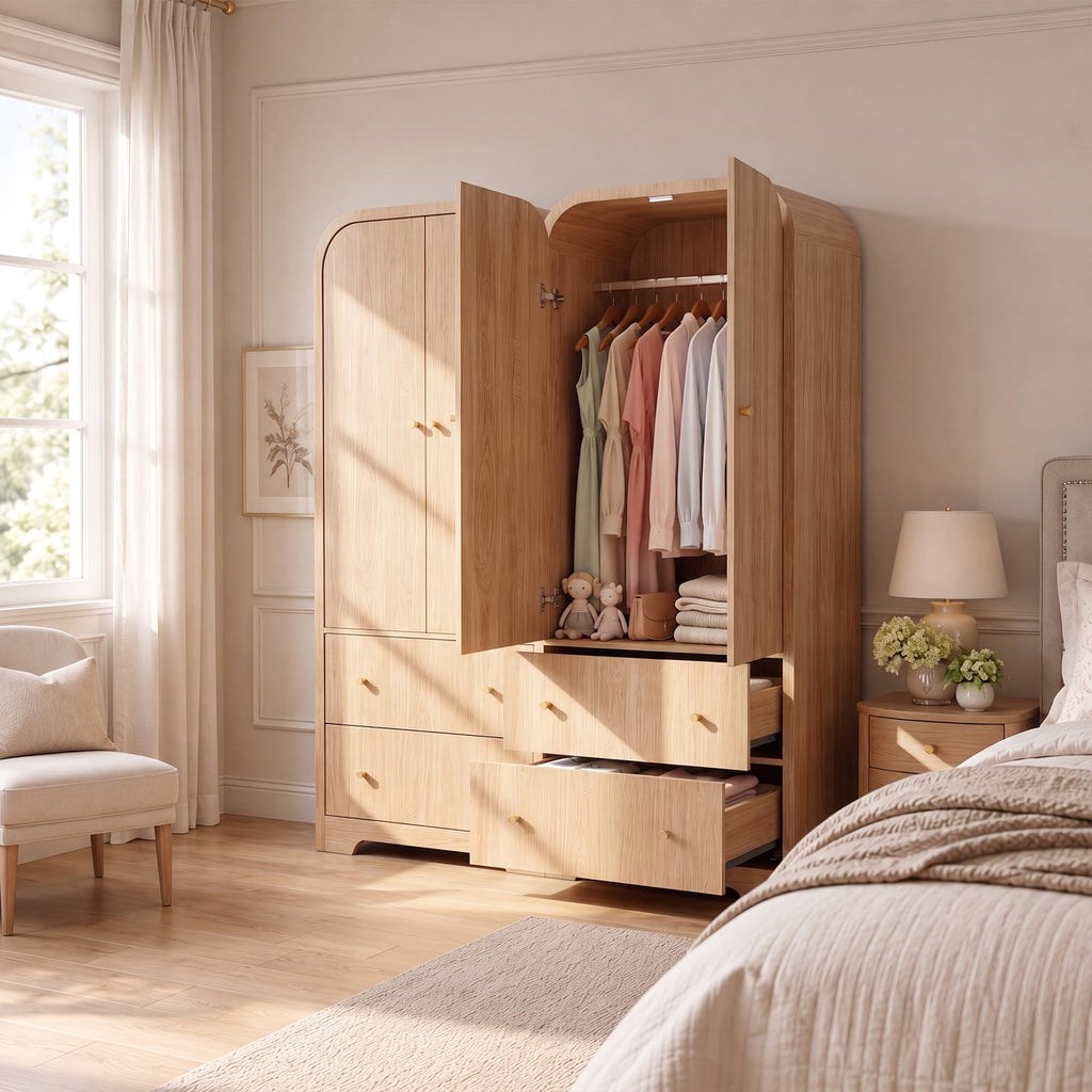Arched Armoire Wardrobe Closet, 70" Wooden Wardrobe Cabinet with 2 Drawers, Hanging Rod, 2 Doors Clothing Storage
