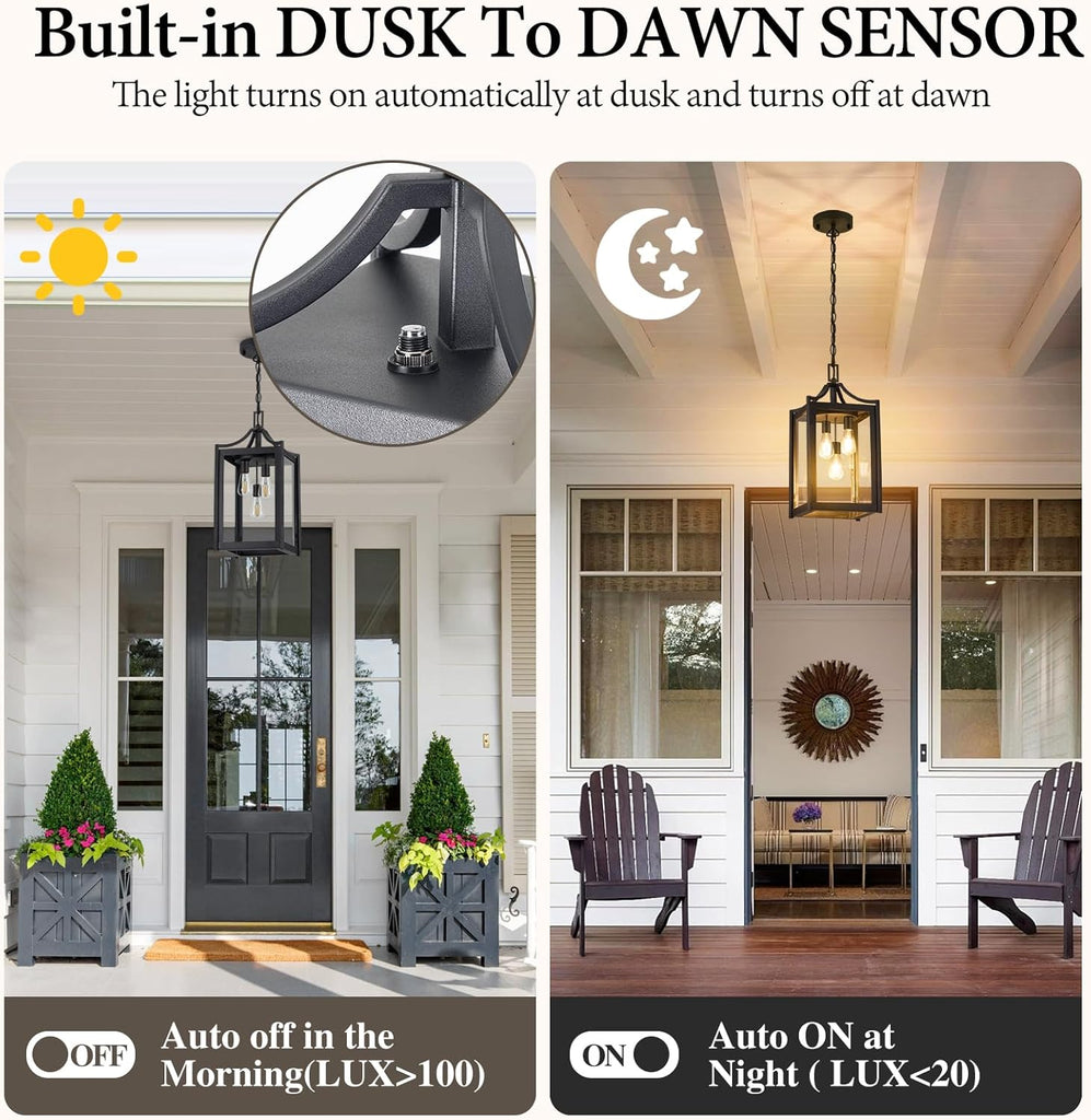 Outdoor Pendant Lights for Porch, 18.5" Large Dusk to Dawn Outdoor Chandelier with Clear Glass