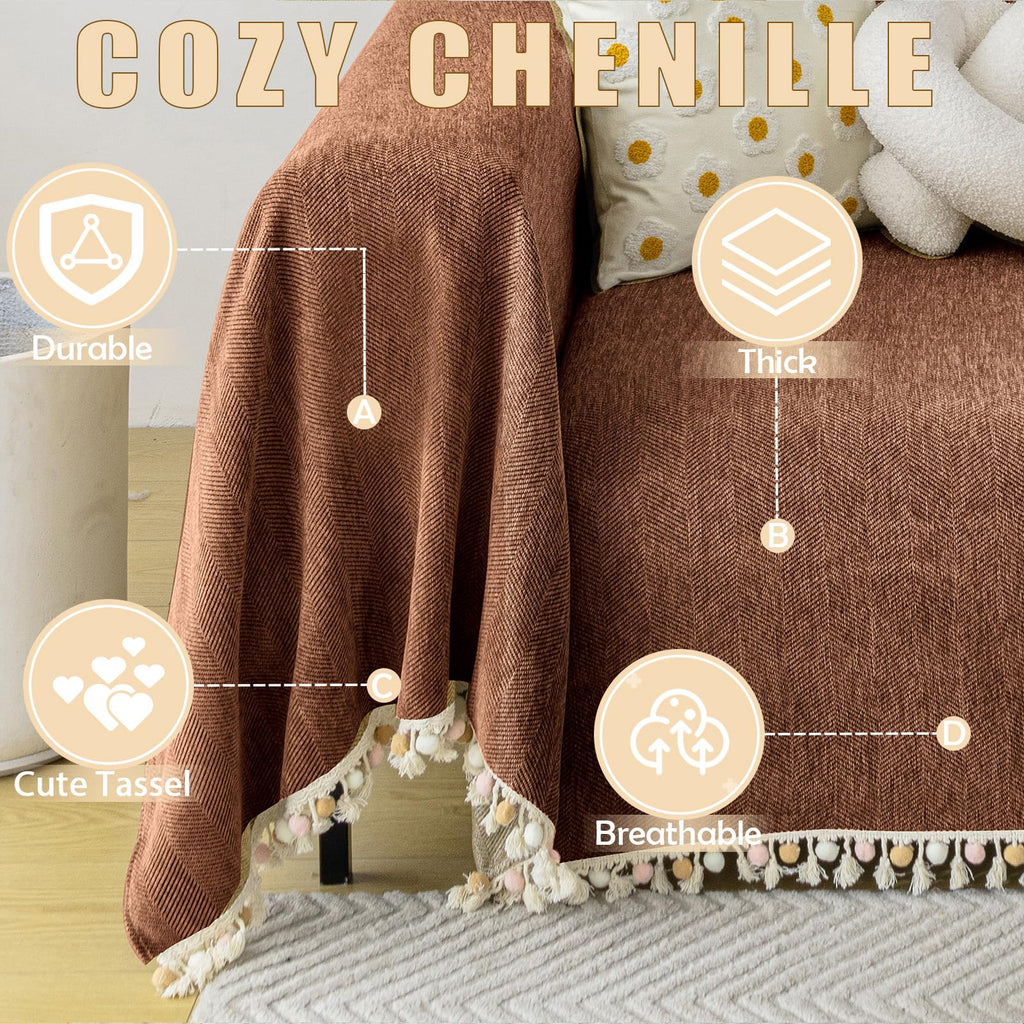 Boho Style Sofa Cover with Tassels, Washable & Non-Slip Couch Cover for 3 Cushion Sofa, Herringbone Pattern