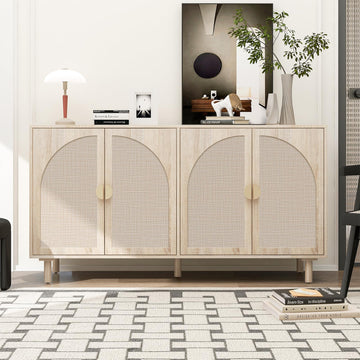 Sideboard Buffet Cabinet with Storage - Rattan 4 Door Cabinet, Accent Storage Cabinet with Cane Door, Boho Wood