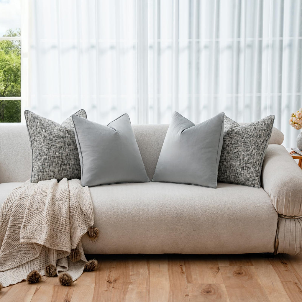 Grey 4 Pack Throw Pillow Covers - Chenille & Velvet Set with Piping, Farmhouse Textured Design Pillow Cases for Couch