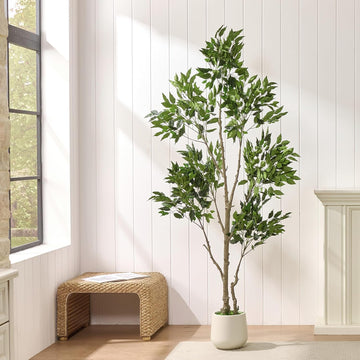 6FT Artificial Ficus Tree, Large Faux Fig Tree with Realistic Silk Leaves & Natural Wood Trunk, White Planter