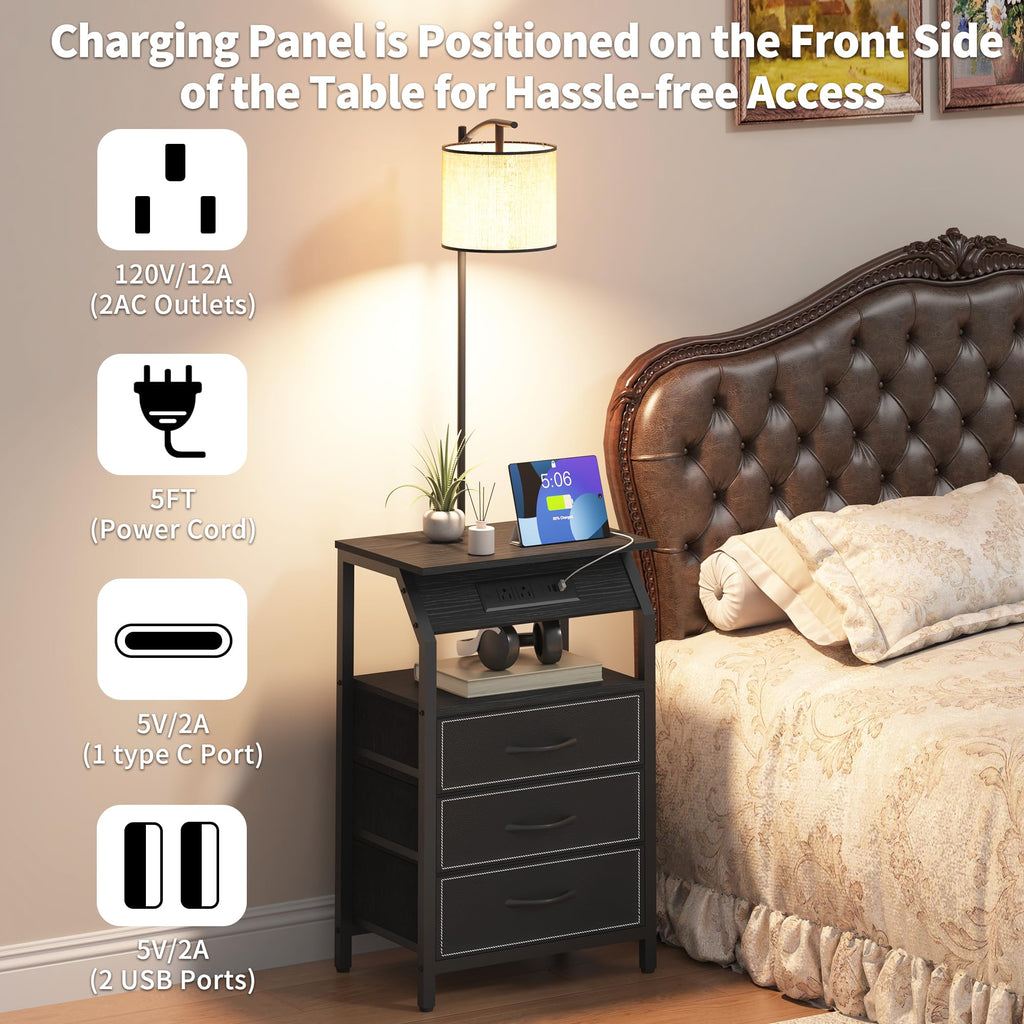 End Table with Floor Lamp Set of 2, Nightstand with Charging Station, Floor Lamp Table with 3-Color Temperature Bulb