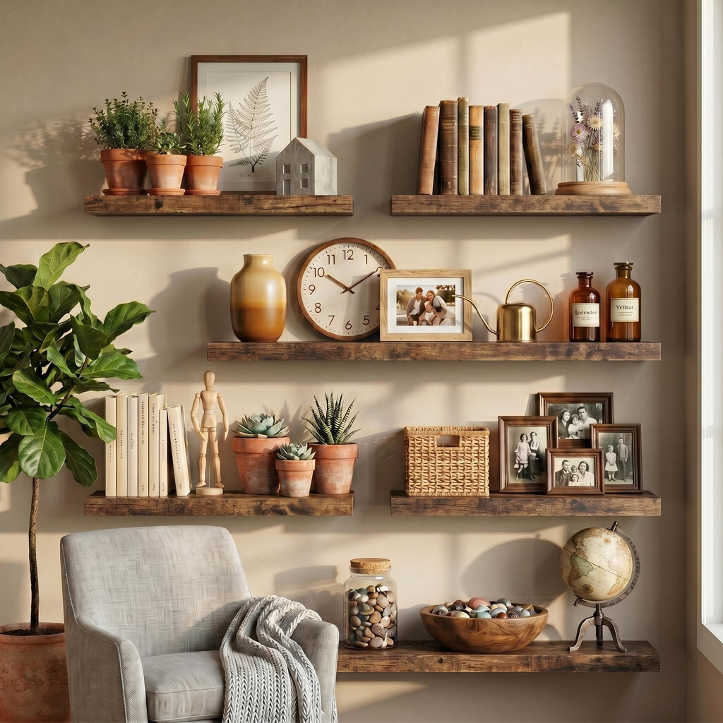 10" Deep Floating Shelves with Invisible Brackets, 20" Wall Shelves Bedroom Living Room, Modern Rustic Shelves Decor
