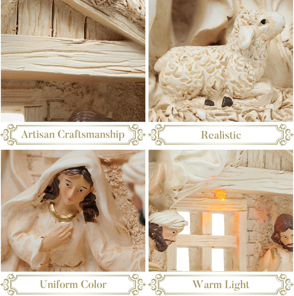 12.4" Christmas Nativity Set with LED Light, White Gold