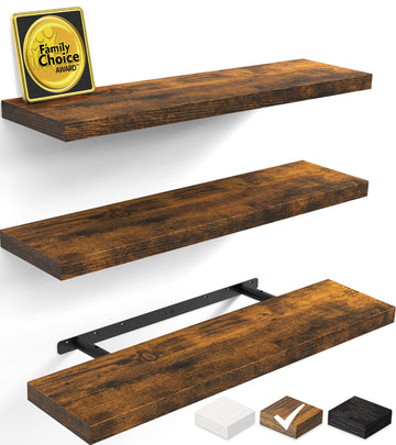 Rustic Brown Floating Shelves 35.4in, Set of 3, Wall Mount Wood Shelf