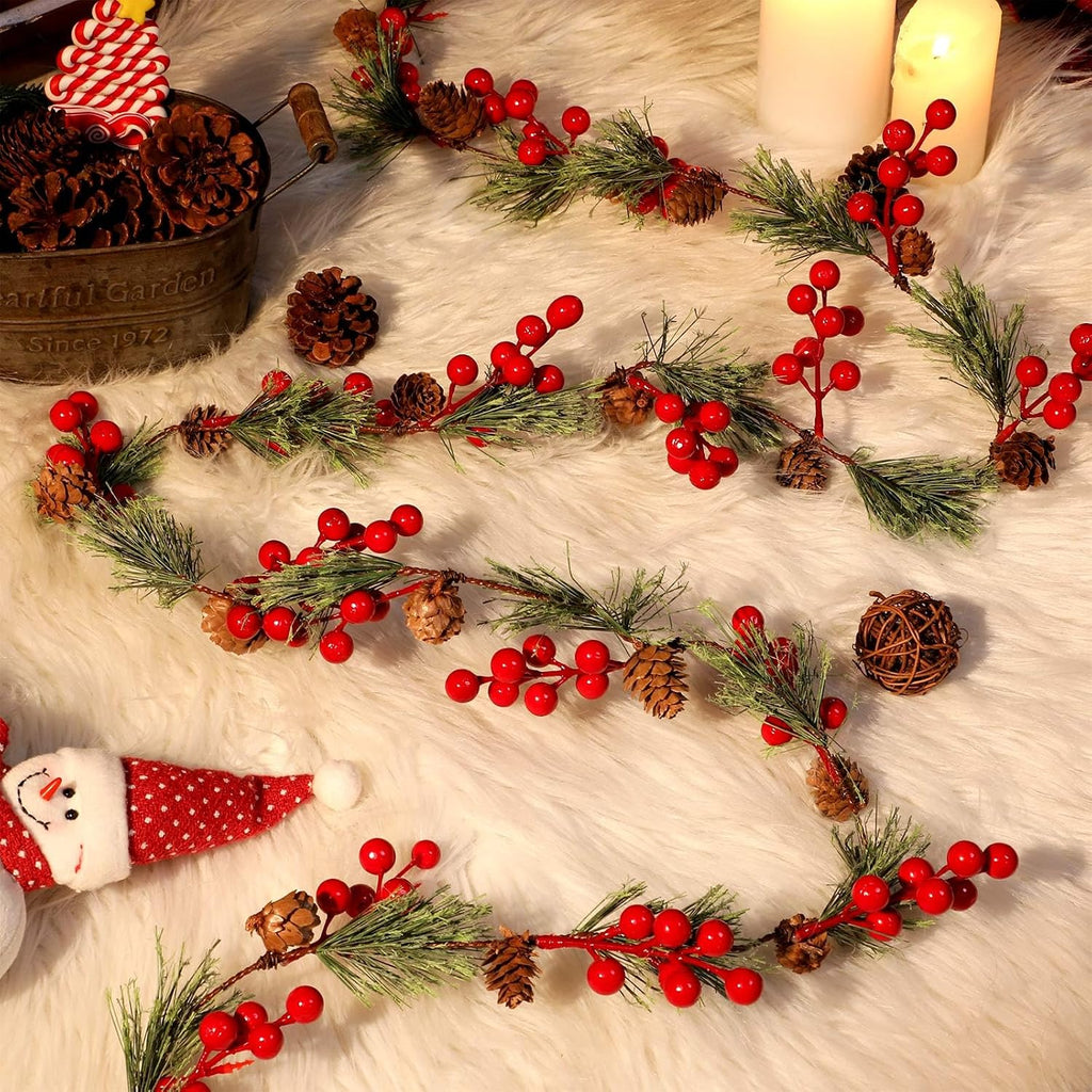 2 Pcs 19.68 ft Christmas Garlands Total Smokey Pine Garland with Red Berry Pine Cone Christmas Greenery Garland