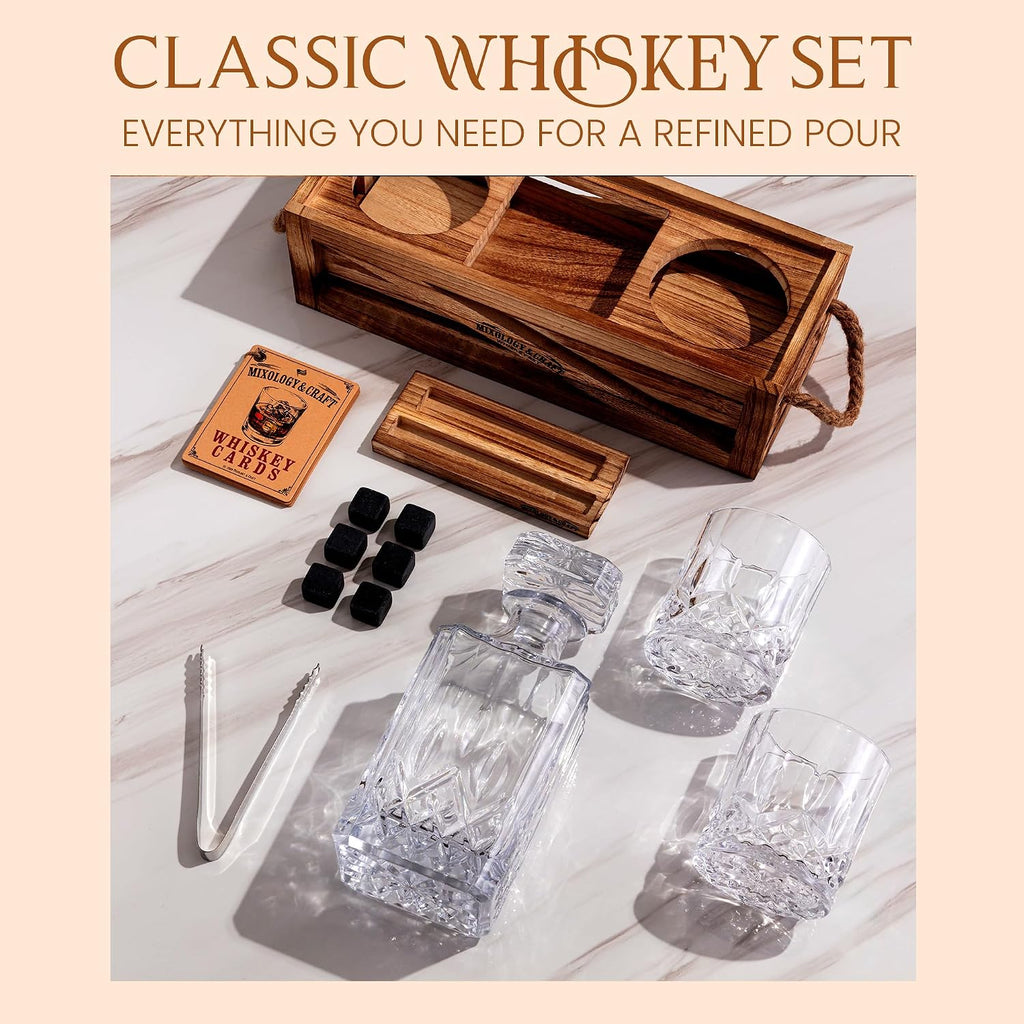 Whiskey Decanter Set - Elegant 24oz Crystal Glasses, Rustic Wood Stand, 6 Chilling Stones, Metal Tongs, Recipe Cards