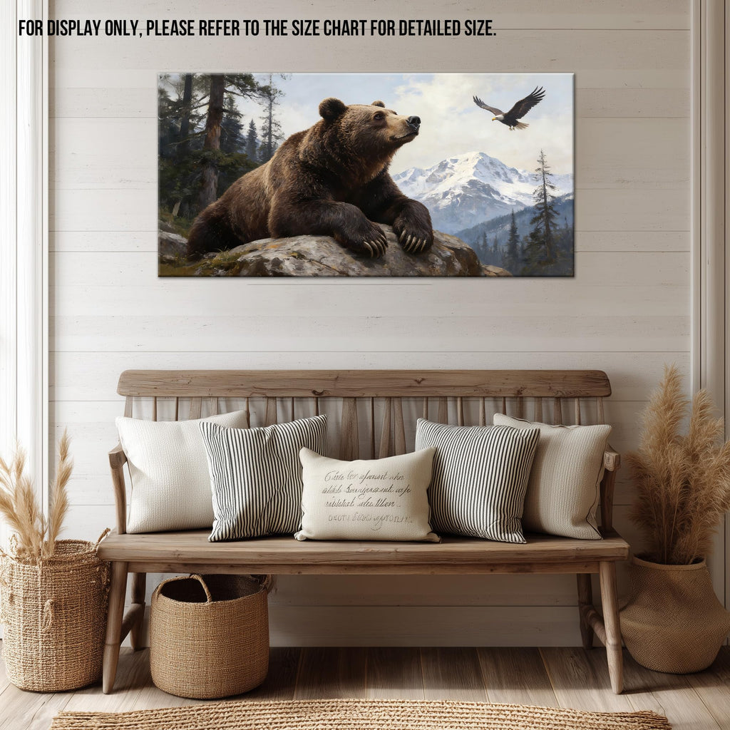 Large Bear Wall Art, Wildlife Canvas Wall Decor with Eagle and Mountain Forest, Rustic Bear Picture for Cabin Lodge