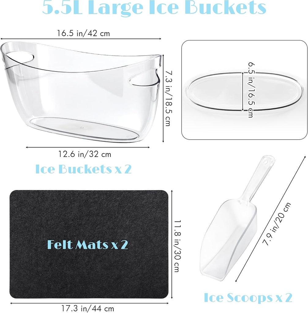 Ice Buckets for Parties 5.5L Large Clear Acrylic Beverage Tubs with 2 Scoops 2 Felt Mats, Champagne Buckets - Set of 2