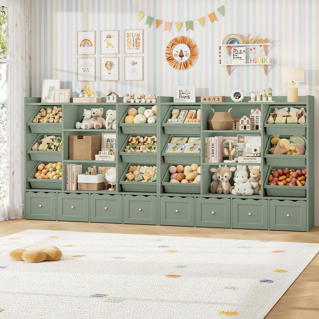 55" W Kids Toy Storage Organizer with 10 Toy Box & Book Shelf, Green | Large Toy Organizers and Storage with Kids