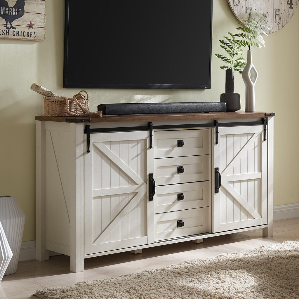 60-Inch Farmhouse Dresser with 4 Drawers and Sliding Barn Doors