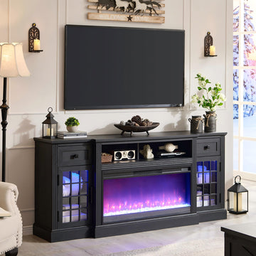 For 80 Inch TV, Farmhouse Highboy Entertainment Center w/LED Lights & 36" Electric Fireplace, Large Media Console