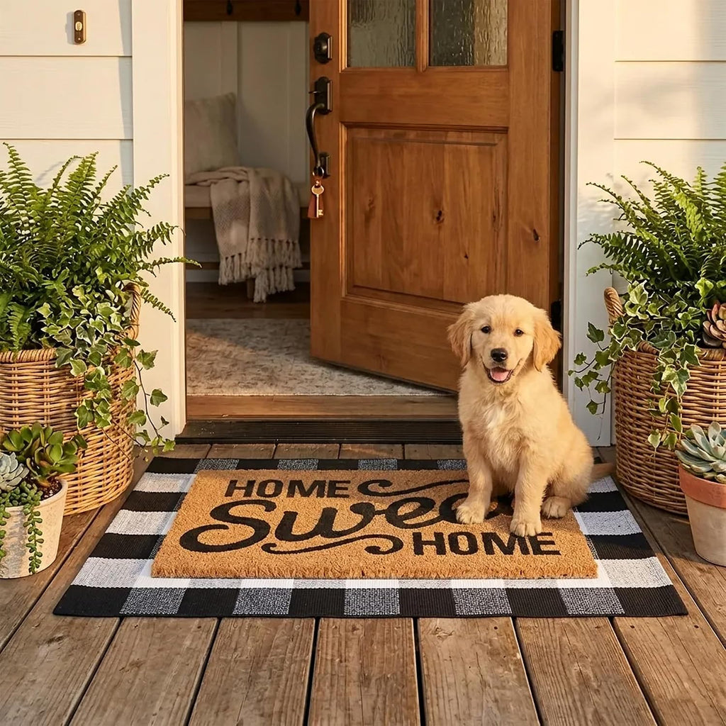 Home Sweet Home Doormat Set, 2-Piece Layered Front Porch Mat Combo, Natural Coir Welcome Mat with Black and White