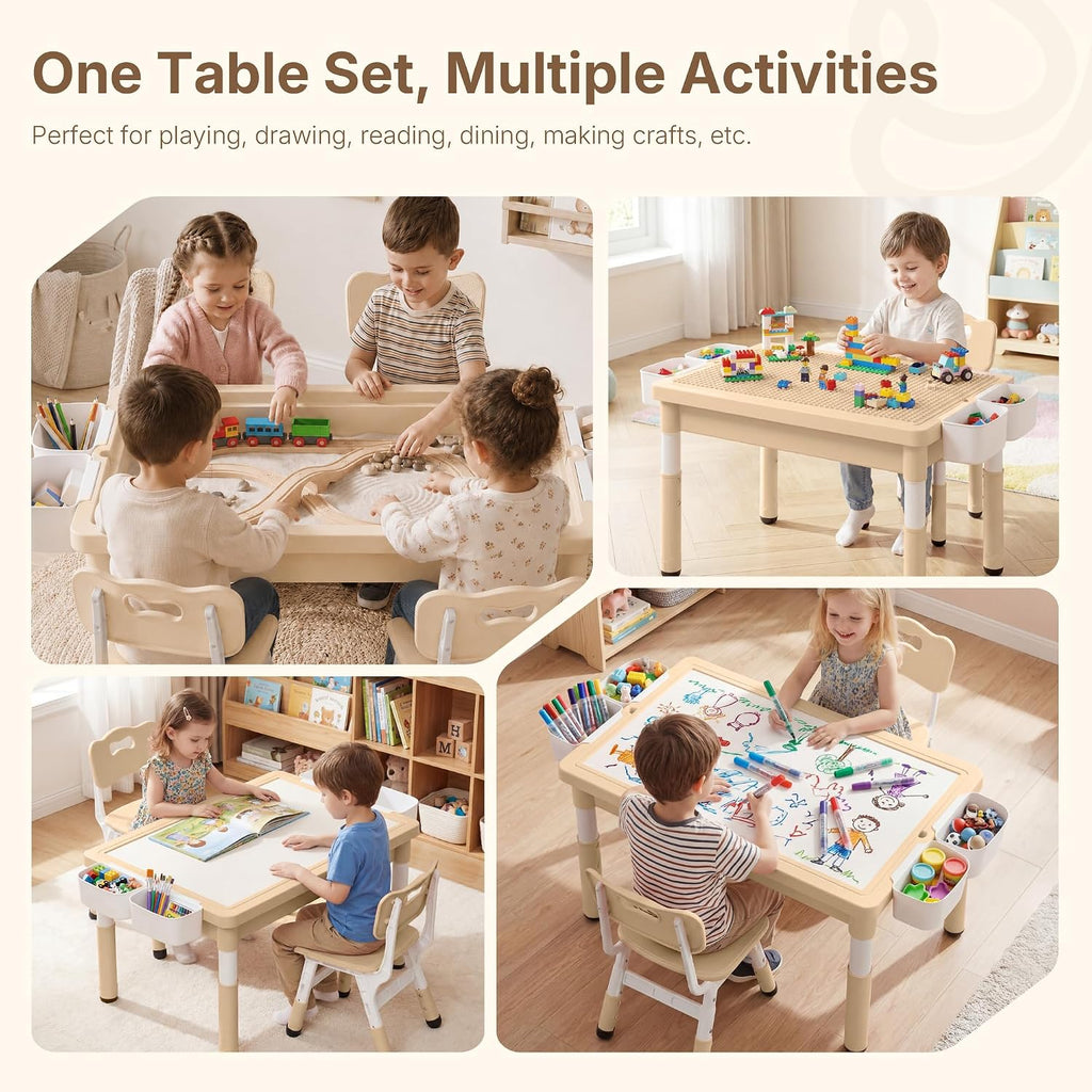 In-1 Kids Table and 4 Chairs Set, Reversible Tabletop, Khaki
