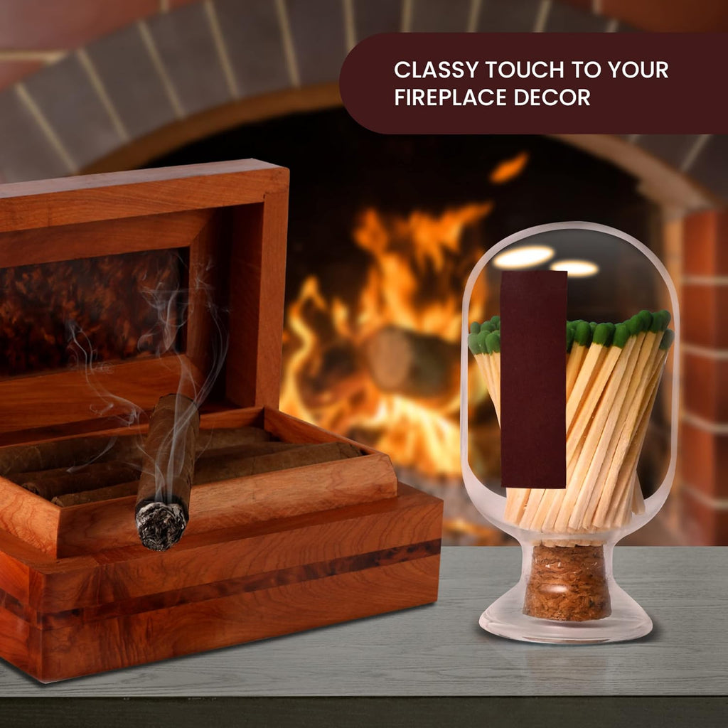 Glass Match Holder with Striker - Includes Fancy Matches in Cloche Jar - Decorative Christmas Gift or Fireplace