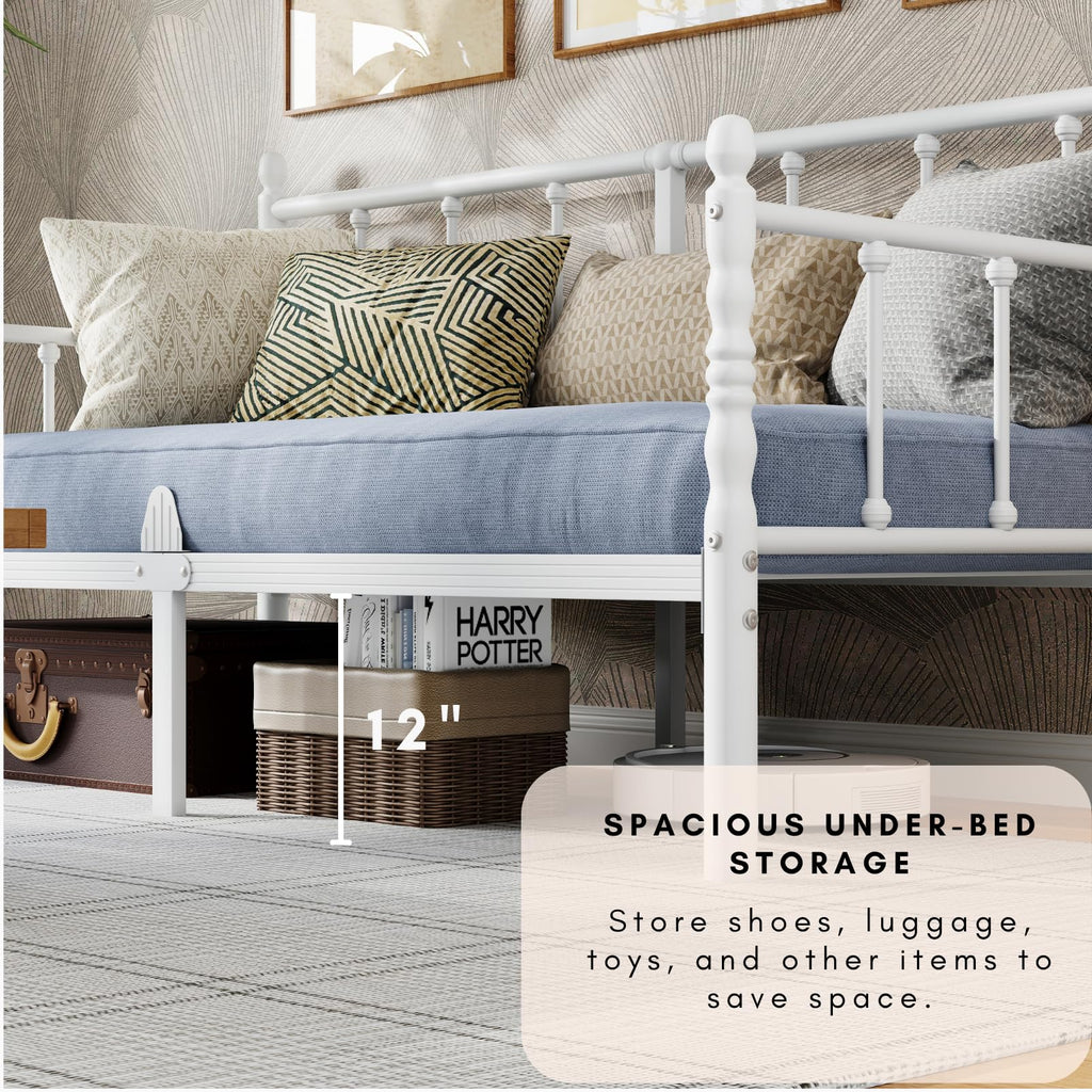 14 Inch Vintage Twin Daybed, Metal Sofa Bed with Storage, White