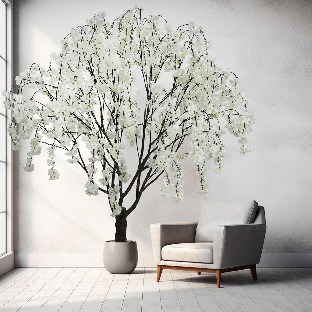 Artificial White Cherry Blossom Tree, 7 Ft Tall Indoor Faux Plant with Cascading Branches, Potted Decorative Tree