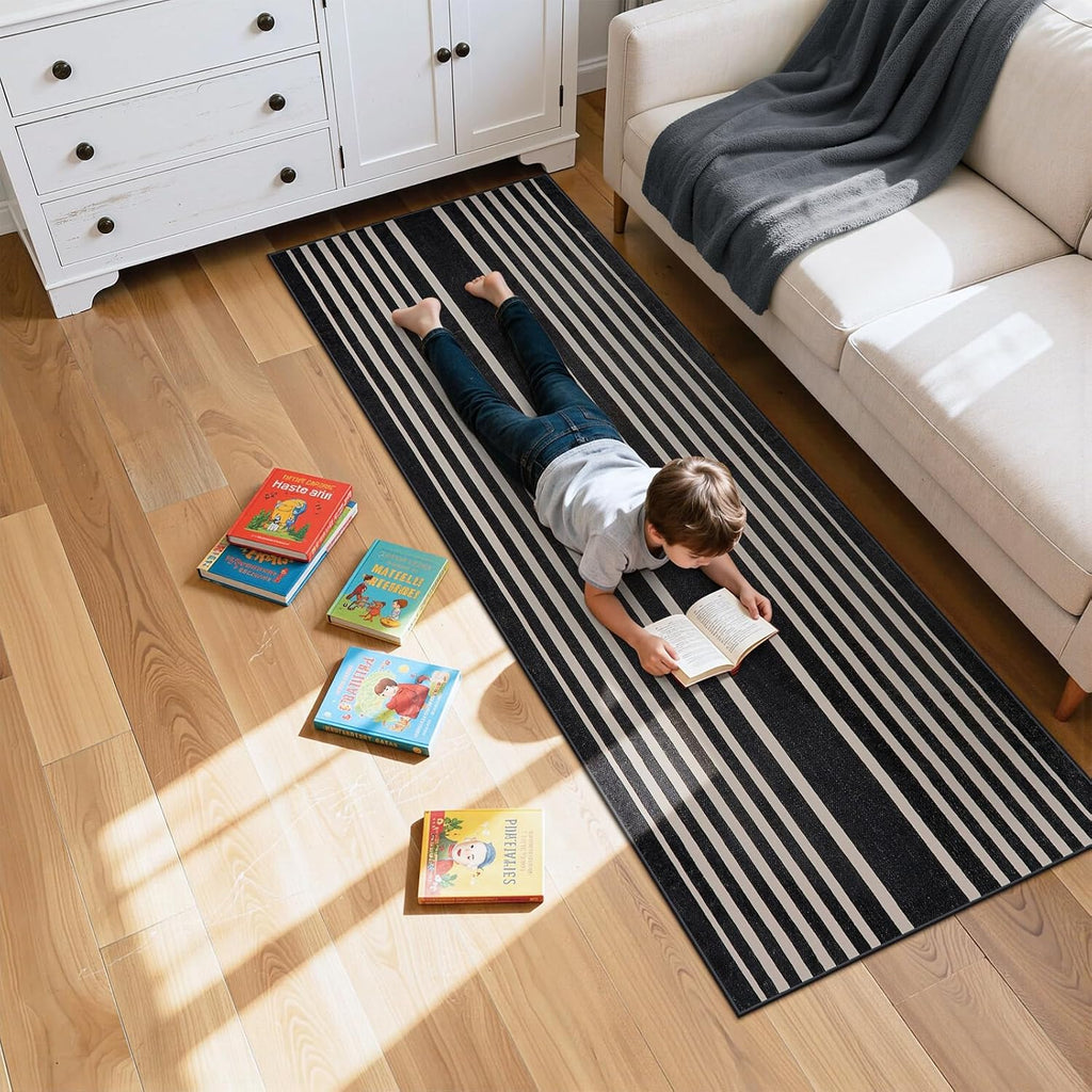 Black and White Striped Runner Rug, 2. Washable Geometric Rugs, Non Slip Rubber Backing Indoor Runner Rugs Modern