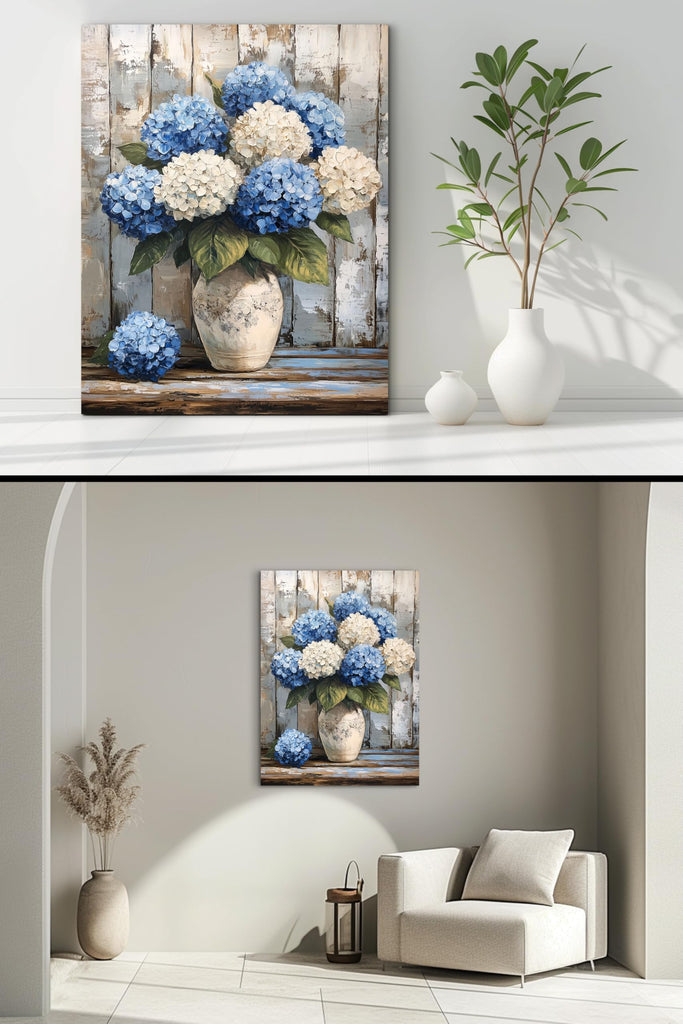 Blue Hydrangea Wall Art, Vintage Hydrangea Canvas Prints Pictures Wall Decor, Farmhouse Floral Wall Art, Blue White