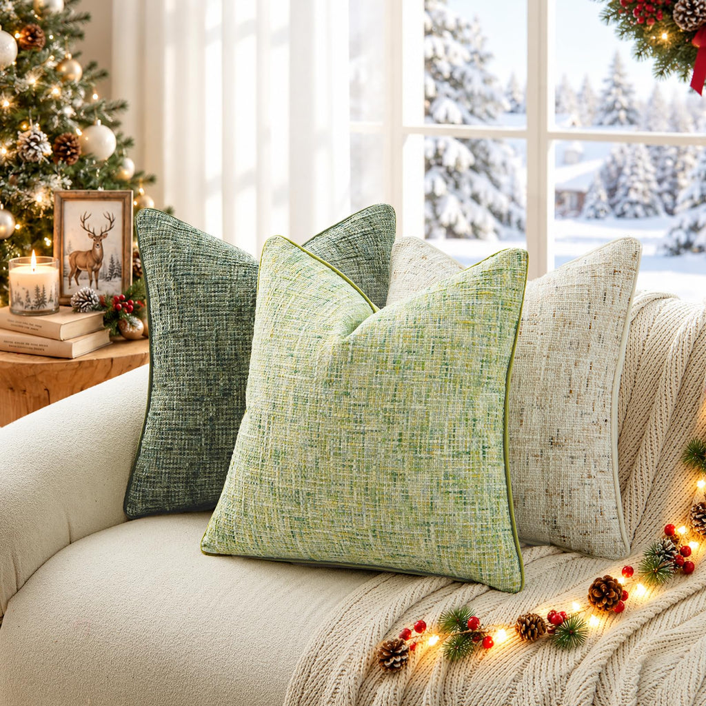 Green Reversible Pillow Covers 2 Pack - Farmhouse Chenille Velvet Throw Pillows, Neutral Textured Decorative Throw