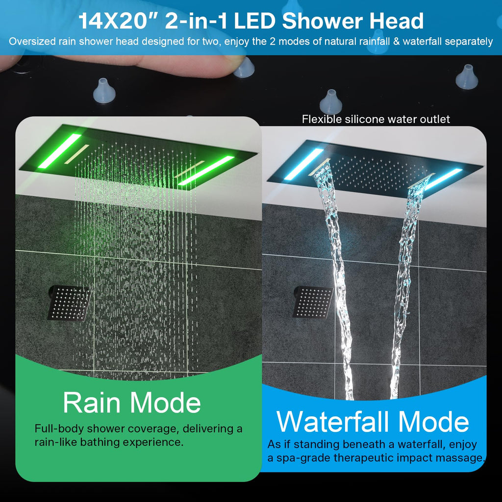 Dual Rain Shower Head System, 2 In 1 Functions Ceiling Mount 14x20inch LED Shower Head with 6 Inch Shower Head