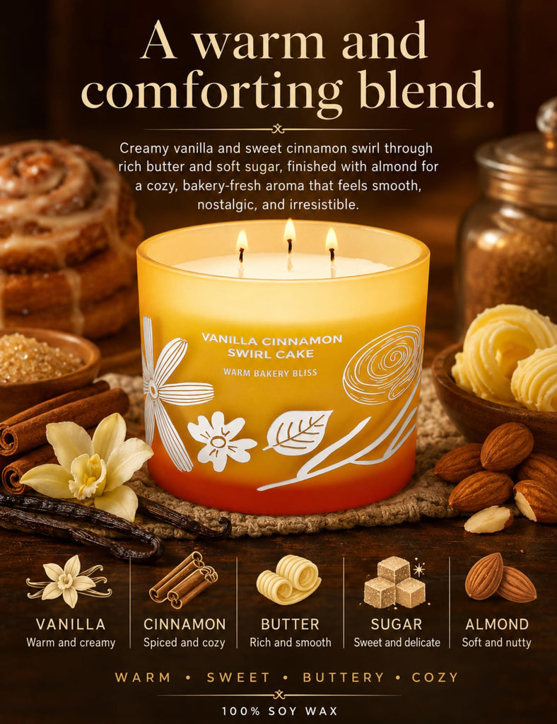 Vanilla Cinnamon Swirl Cake Scented Candle, Large 3 Wick Soy Candle 14.5 Oz