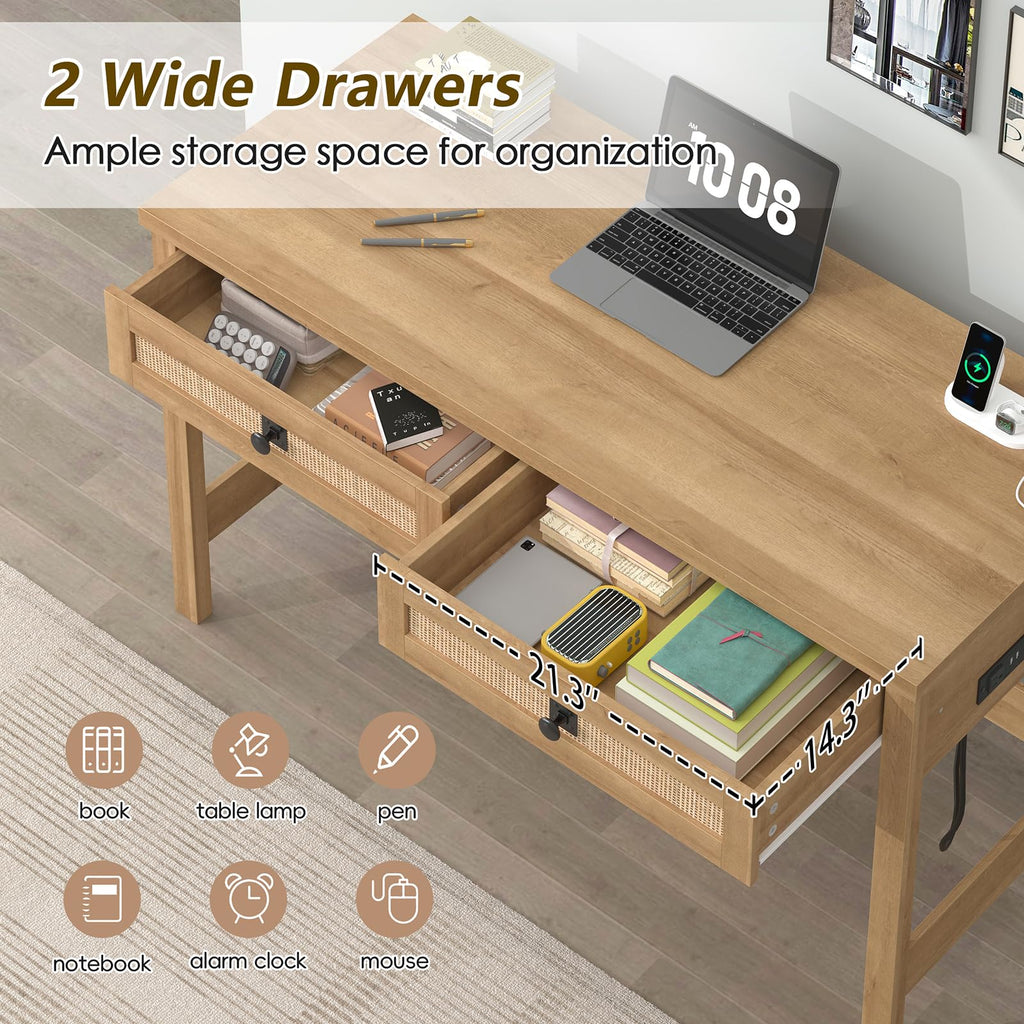 47 Inch Small Rattan Computer Desk with Drawers