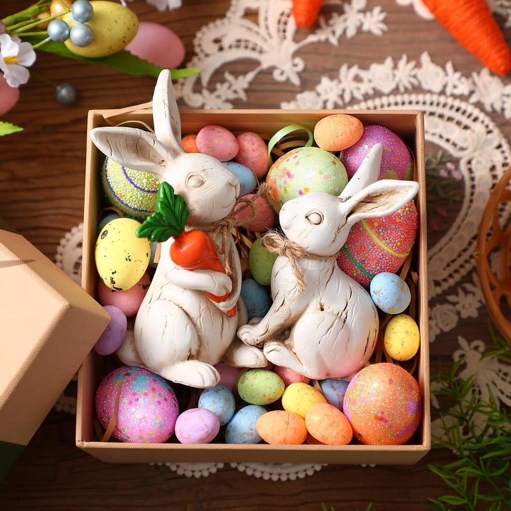 Easter Bunny Figurines Decorations Rabbit Resin Statues Easter Figure Statues Beige Rabbit Figurines - Set of 2