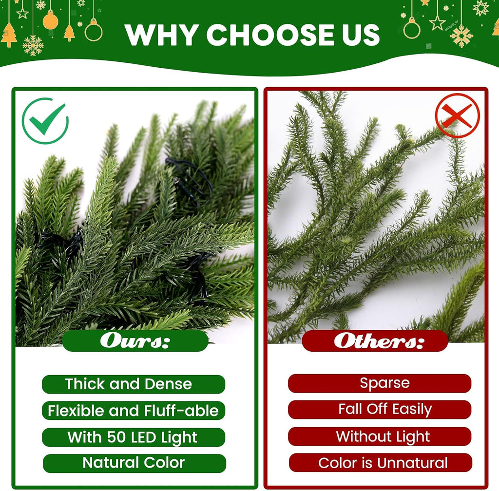 9 FT Artificial Norfolk Pine Garlands with Lights, Pre-Lit Christmas Garland, Real Touch Pine Artificial Faux
