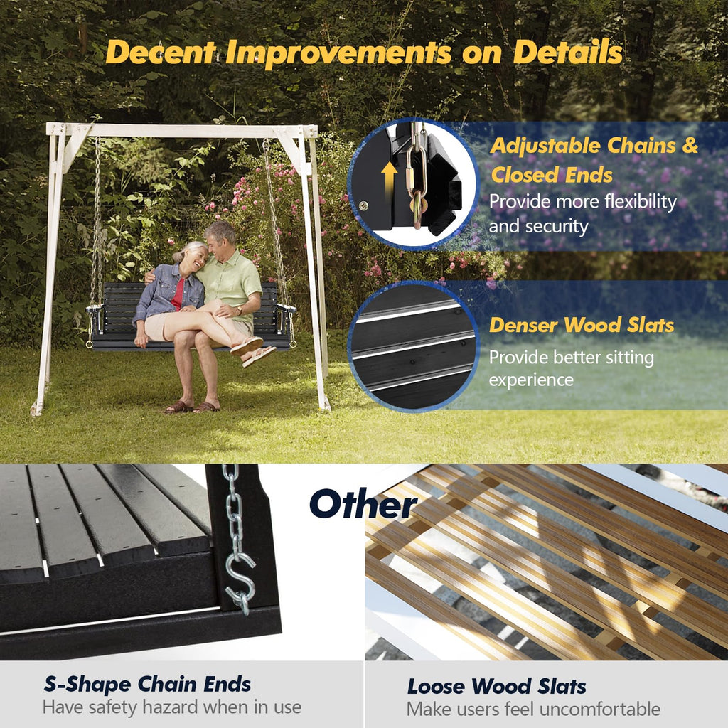 5FT Black Porch Swing, Wooden Bench with Adjustable Safe Chains