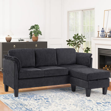 Modern Convertible L Shaped Sofa with Reversible Chaise, 3-Seater Corduroy Couch with Storage Movable Ottoman