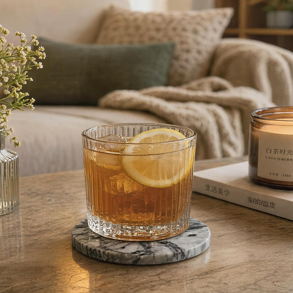 Natural Marble Coasters 4-Piece Set, Round Coasters, 4 Inches Coffee Table Stone Coasters, Suitable for Coffee