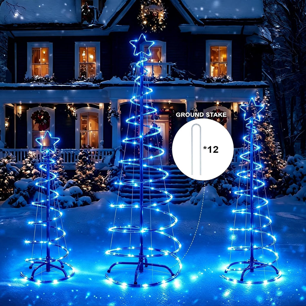 3 Packs Christmas Spiral Tree with Lights, 3/4/5 FT Lighted Xmas Collapsible Tree with Metal Stakes for Indoor &