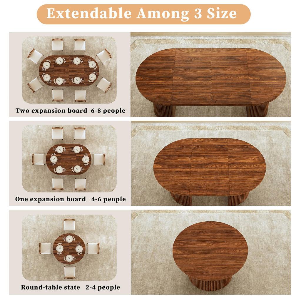 Extendable Round Dining Table for 4-8, 39in-77in Long Large Kitchen Table with Fluted Base, Space Saving Modern