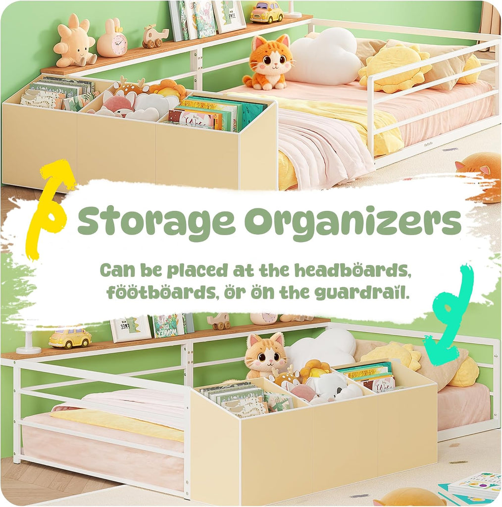 Twin Montessori Floor Bed Frame with Storage | Storage Organizer and Side Shelf, High Guardrail and Wide Entrance, No