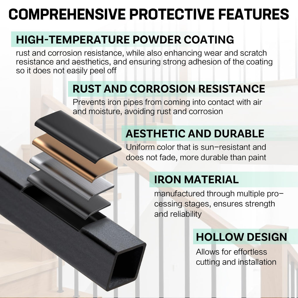 Square Metal Stair Balusters 1/2" Hollow Wrought Iron Spindles for Indoor Staircase & Deck Railing 44" Long Plain