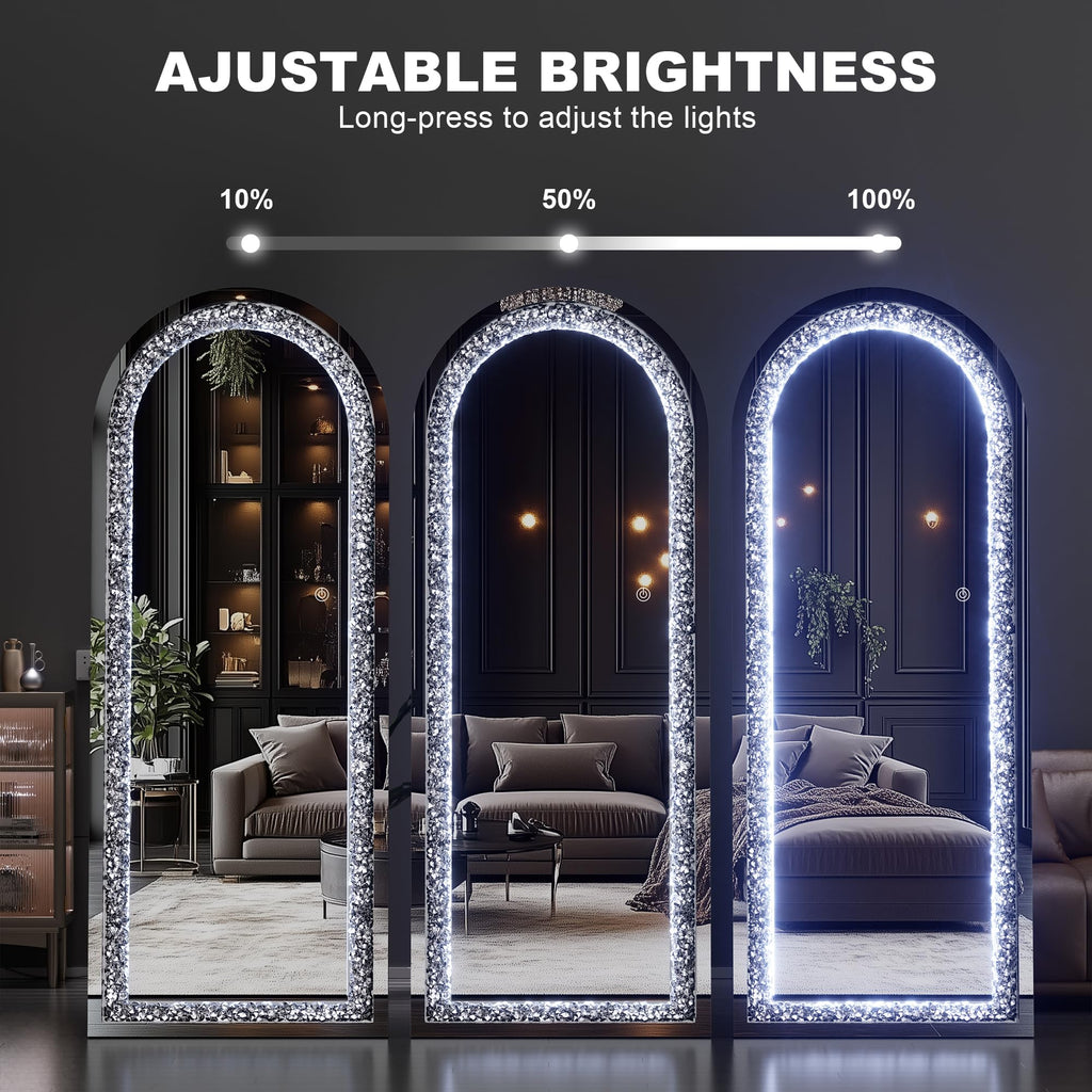 59"×18" LED Full-Length Mirror Arch Design with Crystal Crush Diamond, Wall Mounted Diamond Mirror Leaning Bedroom