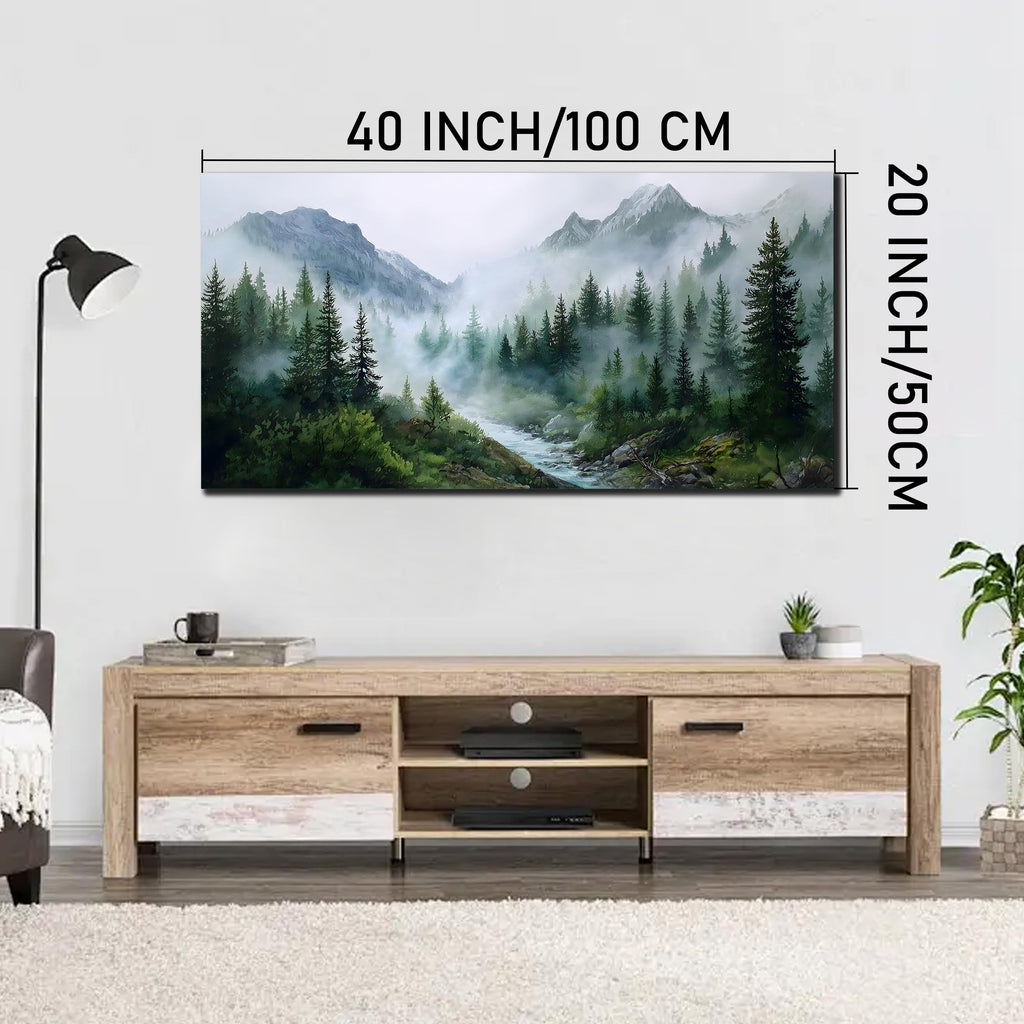 Large Misty Forest Wall Art Green Mountain Landscape Canvas Prints with Trees and River Modern Nature Artwork Office