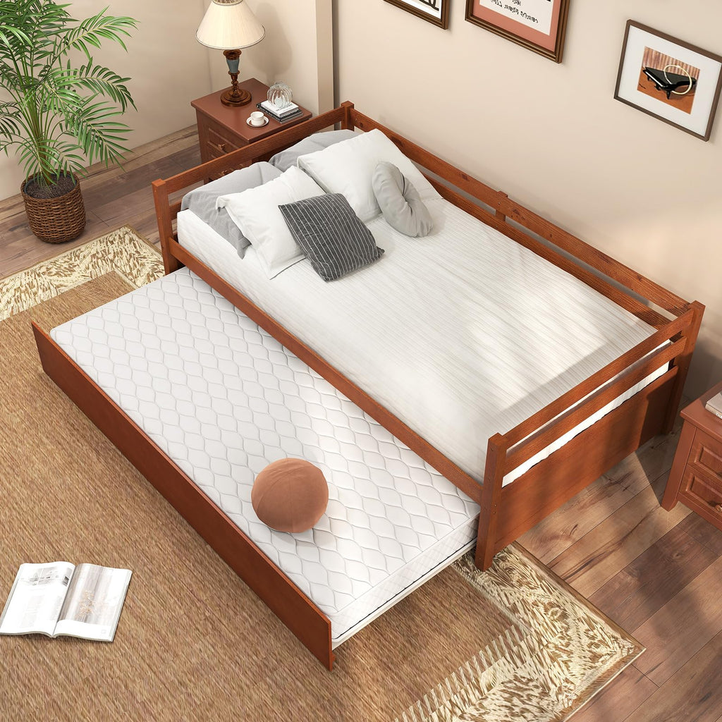 Twin Daybed with Trundle, Wood Trundle Bed with Wood Slat Support, Mid Century Day Bed Frame Guest Room, No Box