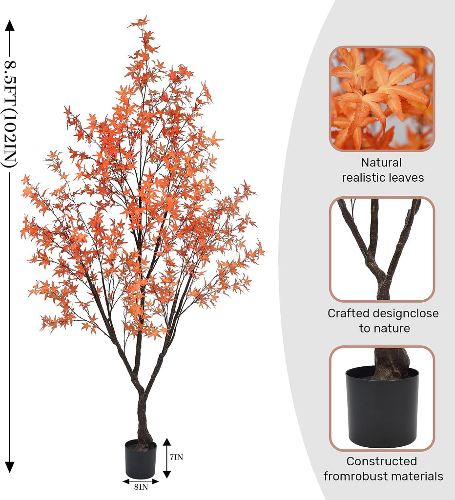8.5ft Tall Artificial Maple Tree, Faux Maple Plant with Thick Trunk & Realistic Leaves, Potted Fake Tree for Indoor