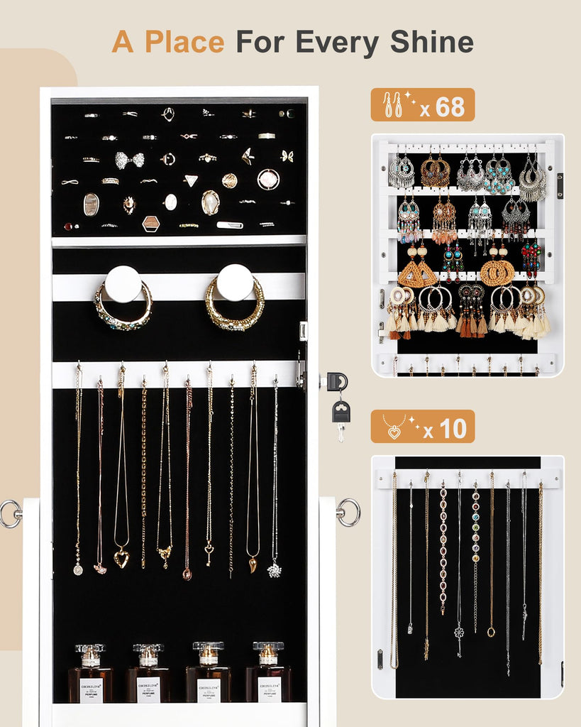 Freestanding Jewelry Cabinet, Full Length Mirror, Moon White